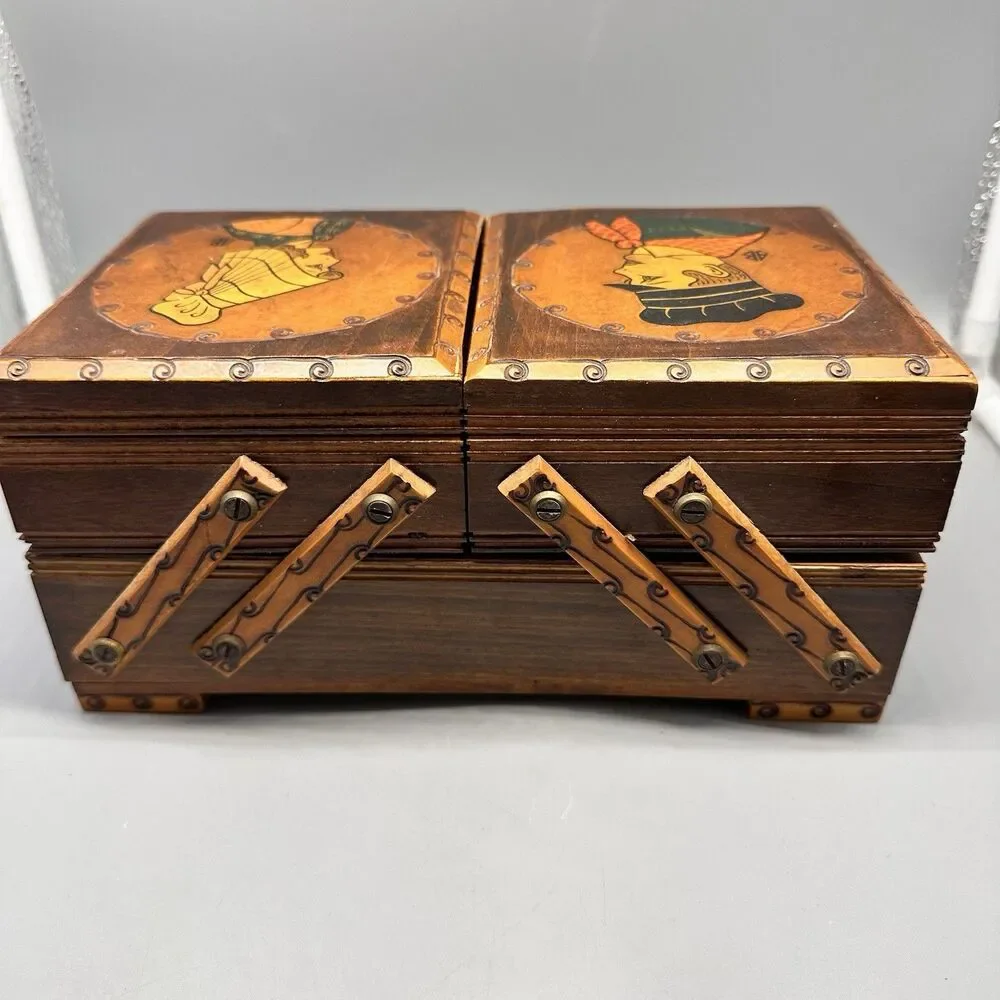 VINTAGE Wood Tiered Hand Painted Accordion Fold Out Sewing Box 9 X 5 X 4